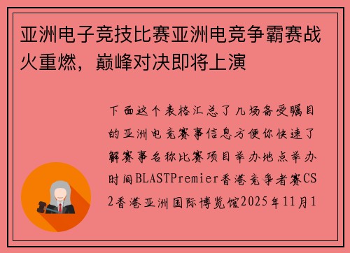 亚洲电子竞技比赛亚洲电竞争霸赛战火重燃，巅峰对决即将上演